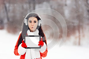 Funny Girl with Headphones Holding Tablet Pc