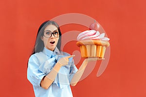 Funny Girl Holding Big Huge Giant Sweet Muffin Cupcake