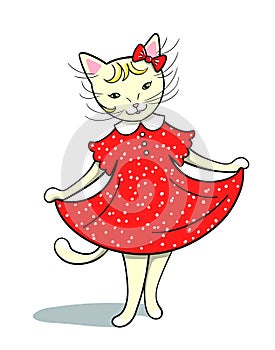 Funny girl kitty in red dress. Cute smiling she white kitten. Beauty pretty cat. Kids style vector cartoon comics art.