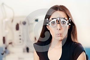 Funny Girl at Ophthalmological Exam Wearing Eye Test Glasses