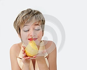 Funny girl with a pear