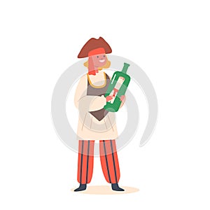 Funny Girl Pirate Wear Sailor Suit and Cocked Hat Holding Bottle with Message Isolated on White Background, Kid Playing