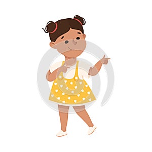 Funny Girl in Polka Dot Dress Pointing at Something with Extending Hand and Index Finger Vector Illustration