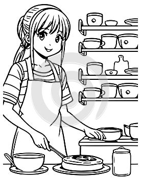 Funny girl preparing food in the kitchen in an apron. Anime girl cooking, vector coloring for children