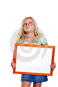 Funny girl with round glasses showing white sign