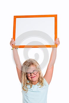 Funny girl with round glasses showing white sign