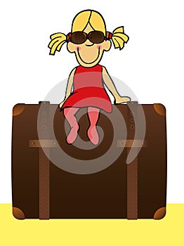 Funny girl sitting on the suitcase