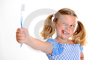 Funny girl with space width and toothbrush