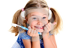 Funny girl with space width and toothbrush