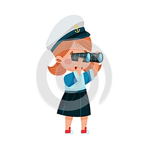 Funny Girl Wearing Mariner Costume and Forage Cap Looking in Binocular Vector Illustration