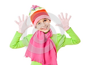 Funny girl in winter clothes with joke sign