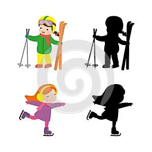 Funny girls - skater and skier isolated on white background. Cartoon children go in for winter sports. Set of kids with black