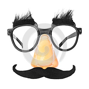 Funny glasses isolated on white. Clown`s accessory