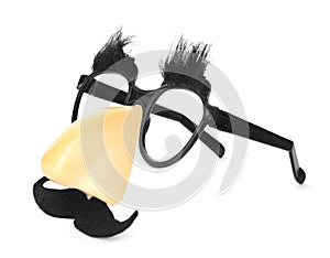 Funny glasses isolated on white. Clown`s accessory