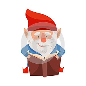 Funny Gnome Character with Red Pointed Hat and White Beard Reading Book Vector Illustration photo