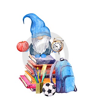 Funny gnome with school tools - backpack, pile of books, apple, pen and pencils, ball, alarm clocks. Watercolor