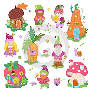 Funny gnomes and fairy houses. Forest dwarves, vegetable home in pumpkin and carrot. Mushroom gnome house, magic tale