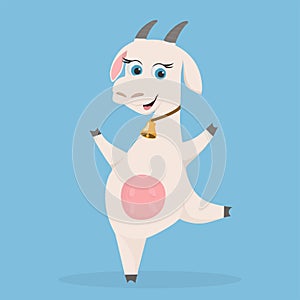 Funny goat character design. Happy, smiling white nanny-goat with big eyes. Farm animal.  Cartoon vector illustration