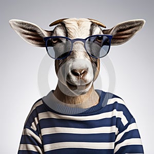 Funny Goat With Eyeglasses And Striped Shirt