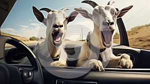 Funny Goats driving with a car.Generative AI