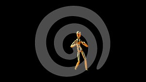 Funny golden mannequin doing mambo side step dance, seamless loop, against black