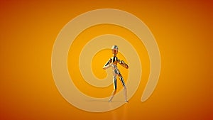 Funny golden mannequin doing mambo side step dance, seamless loop, orange studio