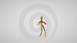 Funny golden mannequin doing mambo side step dance, seamless loop, white studio