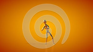 Funny golden mannequin doing a silly dance, seamless loop, orange studio