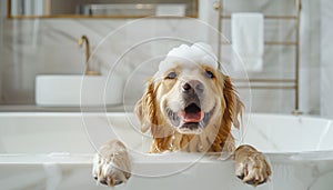 Funny golden retriever adult dog with soap shampoo foam on its head sitting in white bathtub in bathroom and smiling at camera.