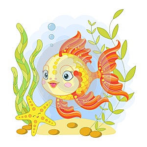 Funny goldfish in the sea. Vector illustration