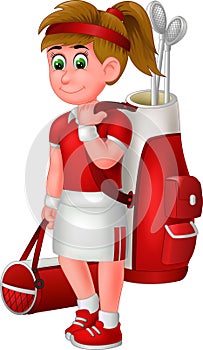 Funny Golfer Girl In Red White Uniform With Red Golf Bag Cartoon