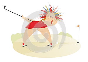 Funny golfer woman on the golf course illustration