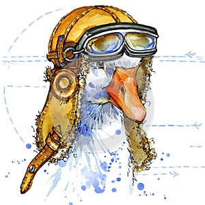 Funny goose aviator hat watercolor. fashion print