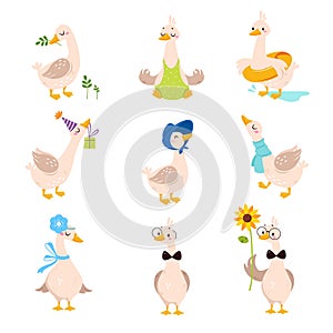 Funny Goose Character Engaged in Different Activity Vector Set
