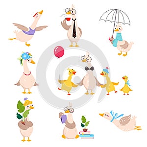 Funny Goose Character Engaged in Different Activity Vector Set