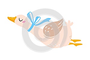 Funny Goose Character Flying with Ribbon Bow on Neck Vector Illustration