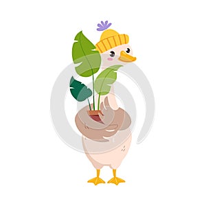 Funny Goose Character in Hat Hold Houseplant in Pot Vector Illustration