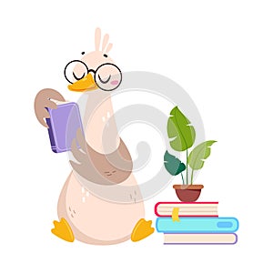 Funny Goose Character Sitting and Reading Book Vector Illustration