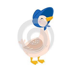 Funny Goose Character Stand in Blue Hat Vector Illustration