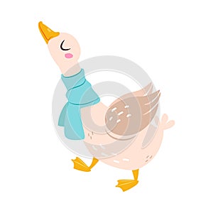 Funny Goose Character Stand in Blue Scarf Vector Illustration