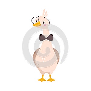 Funny Goose Character Stand in Glasses and Bow Tie Vector Illustration