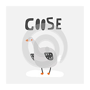 Funny goose illustration. Cute hand drawn doodle card, postcard, poster