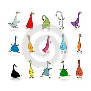 Funny goose set, sketch for your design photo