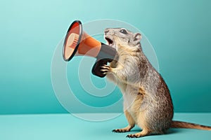 Funny gopher holding loudspeaker and screaming over isolated blue background