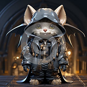 Funny Gothic Cat With Helmet: Playful 3d Cartoon Character Design photo