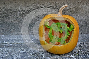 Funny gouged out jack-o\'-lantern pumpkin carved as smiling green goblin or some other creature