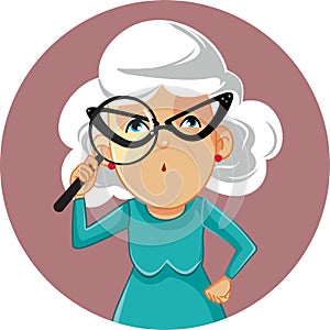 Funny Granny Looking Through a Magnifying Glass Vector Illustration