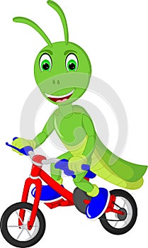 Funny grasshopper cartoon riding bycycle with laughing