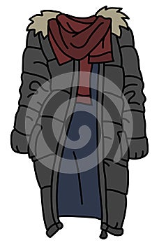 The funny gray coat with a red scarf