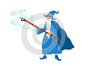 Funny gray haired wizard with witchery cane pronounce magic spell vector flat illustration. Old male magical character